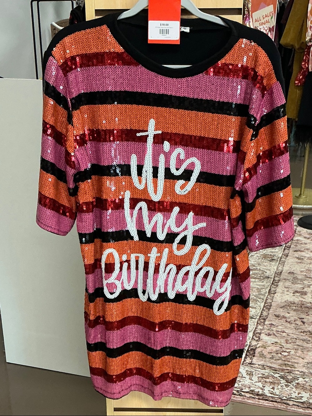 Sequin Striped 'It's My Birthday' Mini Dress - Pink & Orange
